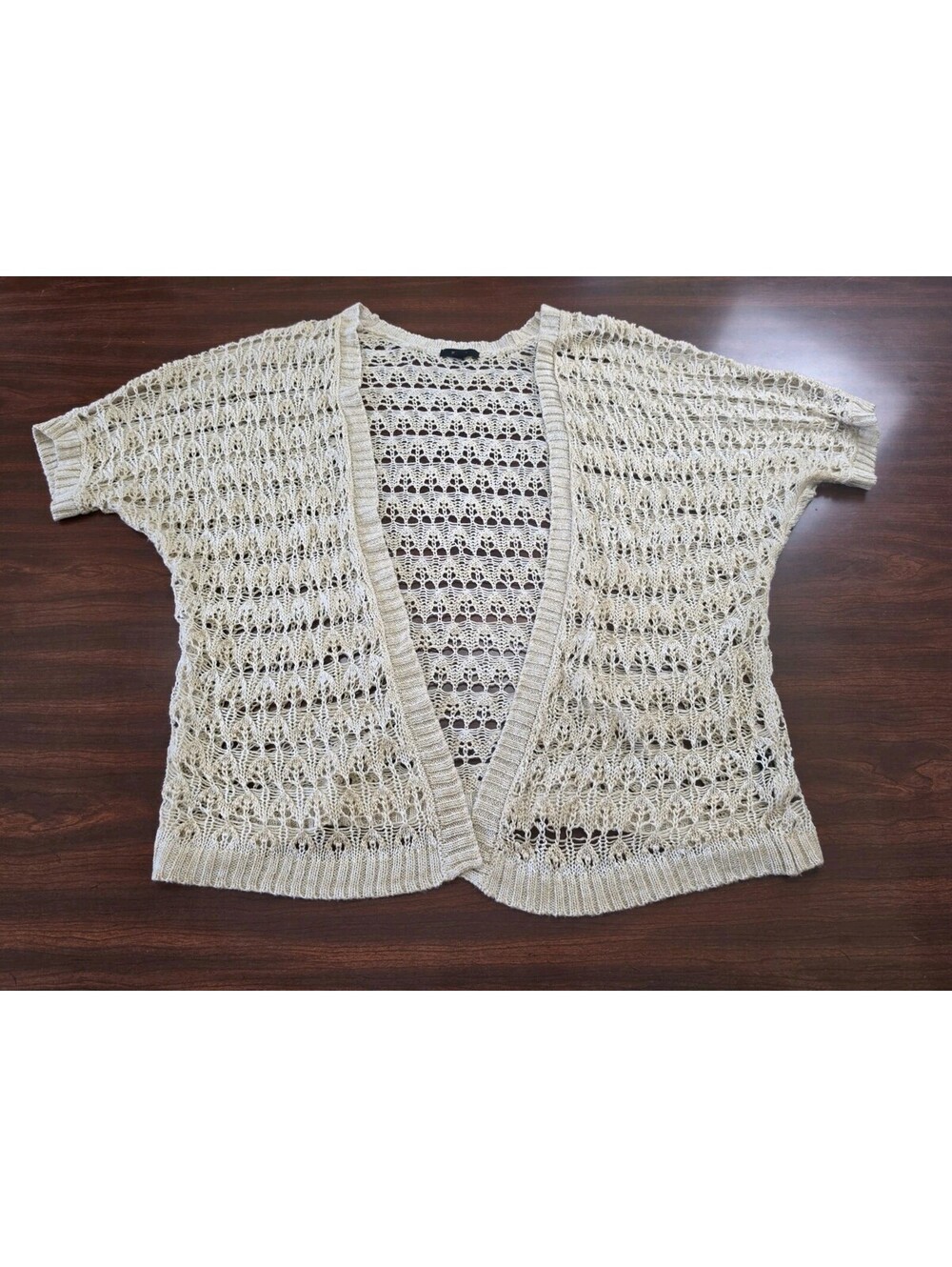Mine Womens M/L Beige Open Knit Shrug Bolero Short Sleeve Open Front Cardigan